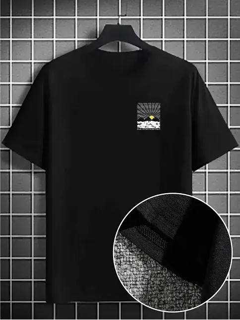 Erkek Dağ Grafikli Tişört, Yaz İçin Büyük Beden Rahat T-shirt - Siyah