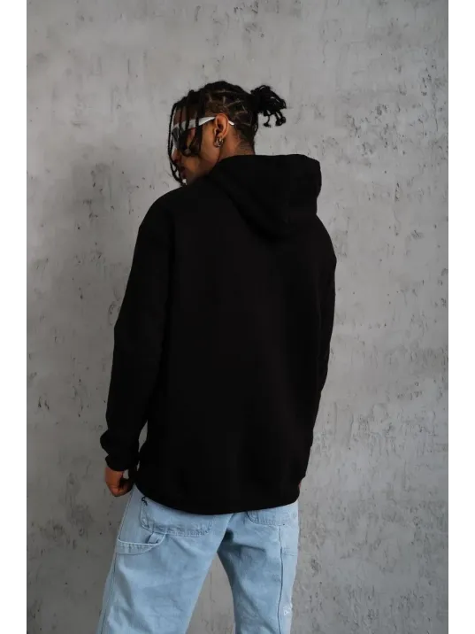 Erkek Oversize Kapüşonlu Sweatshirt – Siyah Renk Üç İplik İçi Pamuklu Kanguru Cepli Baskılı Hoodie Rahat Kalıp Kışlık Günlük Kombinlere Uygun - Siyah