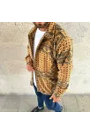 Erkek Desenli Düğmeli Polar Gömlek – Hardal Paisley Desen Yakalı, Uzun Kollu, Oversize Rahat Kalıp - Sarı