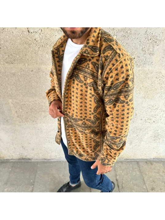 Erkek Desenli Düğmeli Polar Gömlek – Hardal Paisley Desen Yakalı, Uzun Kollu, Oversize Rahat Kalıp - Sarı Erkek Desenli Düğmeli Polar Gömlek – Hardal Paisley Desen Yakalı, Uzun Kollu, Oversize Rahat Kalıp - Sarı
