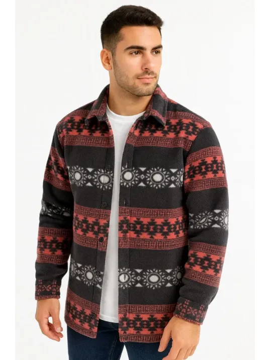 Erkek Desenli Polar Gömlek – Etnik Şerit Desen Yakalı, Uzun Kollu, Düğmeli, Oversize Rahat Kalıp - Füme Erkek Desenli Polar Gömlek – Etnik Şerit Desen Yakalı, Uzun Kollu, Düğmeli, Oversize Rahat Kalıp - Füme