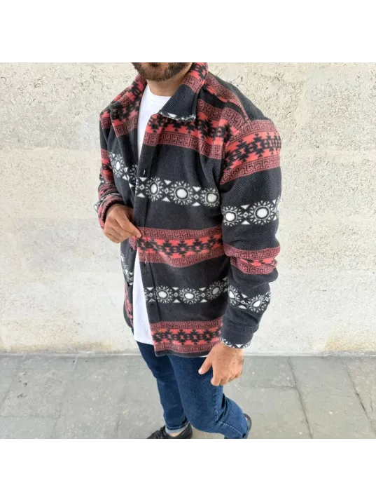 Erkek Desenli Polar Gömlek – Etnik Şerit Desen Yakalı, Uzun Kollu, Düğmeli, Oversize Rahat Kalıp - Füme Erkek Desenli Polar Gömlek – Etnik Şerit Desen Yakalı, Uzun Kollu, Düğmeli, Oversize Rahat Kalıp - Füme