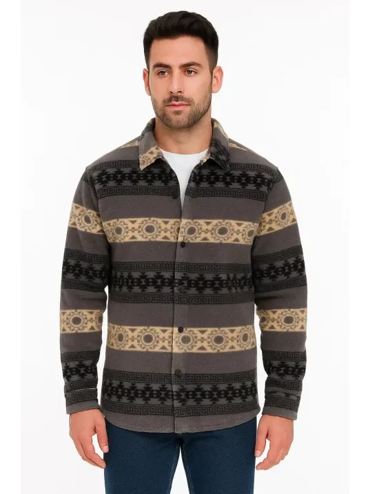 Erkek Desenli Polar Gömlek – Etnik Şerit Desen Yakalı, Uzun Kollu, Düğmeli, Oversize Rahat Kalıp - Füme Erkek Desenli Polar Gömlek – Etnik Şerit Desen Yakalı, Uzun Kollu, Düğmeli, Oversize Rahat Kalıp - Füme
