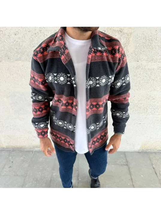Erkek Desenli Polar Gömlek – Etnik Şerit Desen Yakalı, Uzun Kollu, Düğmeli, Oversize Rahat Kalıp - Füme Erkek Desenli Polar Gömlek – Etnik Şerit Desen Yakalı, Uzun Kollu, Düğmeli, Oversize Rahat Kalıp - Füme