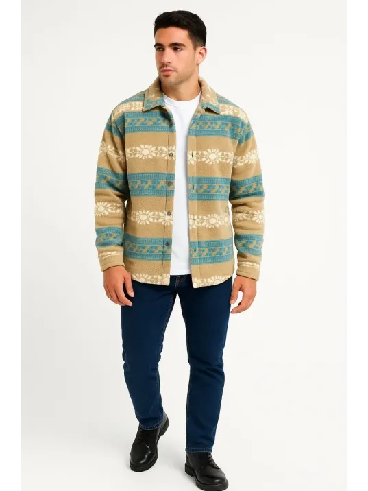 Erkek Desenli Polar Gömlek – Etnik Şerit Desen Yakalı, Uzun Kollu, Düğmeli, Oversize Rahat Kalıp - Sarı Erkek Desenli Polar Gömlek – Etnik Şerit Desen Yakalı, Uzun Kollu, Düğmeli, Oversize Rahat Kalıp - Sarı