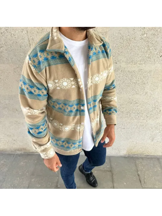 Erkek Desenli Polar Gömlek – Etnik Şerit Desen Yakalı, Uzun Kollu, Düğmeli, Oversize Rahat Kalıp - Sarı Erkek Desenli Polar Gömlek – Etnik Şerit Desen Yakalı, Uzun Kollu, Düğmeli, Oversize Rahat Kalıp - Sarı