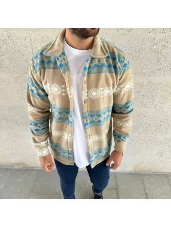 Erkek Desenli Polar Gömlek – Etnik Şerit Desen Yakalı, Uzun Kollu, Düğmeli, Oversize Rahat Kalıp - Sarı Erkek Desenli Polar Gömlek – Etnik Şerit Desen Yakalı, Uzun Kollu, Düğmeli, Oversize Rahat Kalıp - Sarı