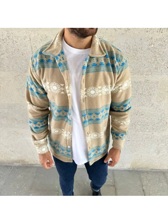 Erkek Desenli Polar Gömlek – Etnik Şerit Desen Yakalı, Uzun Kollu, Düğmeli, Oversize Rahat Kalıp - Sarı Erkek Desenli Polar Gömlek – Etnik Şerit Desen Yakalı, Uzun Kollu, Düğmeli, Oversize Rahat Kalıp - Sarı