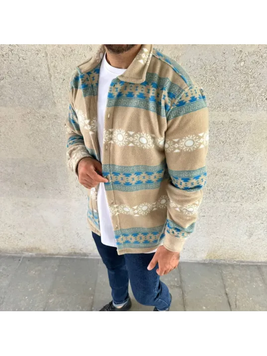 Erkek Desenli Polar Gömlek – Etnik Şerit Desen Yakalı, Uzun Kollu, Düğmeli, Oversize Rahat Kalıp - Sarı Erkek Desenli Polar Gömlek – Etnik Şerit Desen Yakalı, Uzun Kollu, Düğmeli, Oversize Rahat Kalıp - Sarı