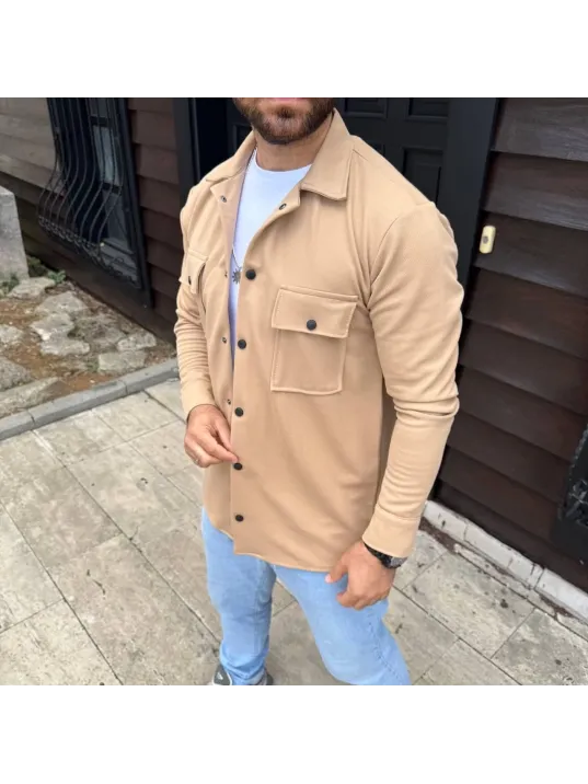 Erkek Diagonal Kumaş Cepli Çıtçıtlı uzun Kollu, Gömlek Oversize Rahat Kalıp Günlük Şık Stil - Bej Erkek Diagonal Kumaş Cepli Çıtçıtlı uzun Kollu, Gömlek Oversize Rahat Kalıp Günlük Şık Stil - Bej