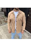Erkek Diagonal Kumaş Cepli Çıtçıtlı Uzun Kollu, Gömlek Oversize Rahat Kalıp Günlük Şık Stil - Bej