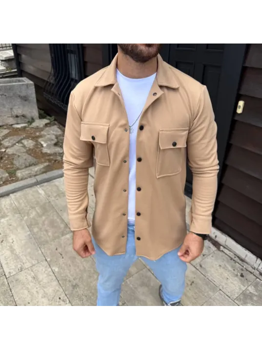 Erkek Diagonal Kumaş Cepli Çıtçıtlı uzun Kollu, Gömlek Oversize Rahat Kalıp Günlük Şık Stil - Bej Erkek Diagonal Kumaş Cepli Çıtçıtlı uzun Kollu, Gömlek Oversize Rahat Kalıp Günlük Şık Stil - Bej