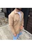 Erkek Diagonal Kumaş Cepli Çıtçıtlı Uzun Kollu, Gömlek Oversize Rahat Kalıp Günlük Şık Stil - Bej