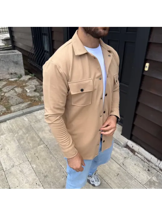 Erkek Diagonal Kumaş Cepli Çıtçıtlı uzun Kollu, Gömlek Oversize Rahat Kalıp Günlük Şık Stil - Bej Erkek Diagonal Kumaş Cepli Çıtçıtlı uzun Kollu, Gömlek Oversize Rahat Kalıp Günlük Şık Stil - Bej