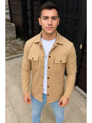 Erkek Diagonal Kumaş Cepli Çıtçıtlı uzun Kollu, Gömlek Oversize Rahat Kalıp Günlük Şık Stil - Bej