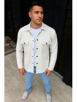 Erkek Diagonal Kumaş Cepli Çıtçıtlı Uzun Kollu, Gömlek Oversize Rahat Kalıp Günlük Şık Stil - Beyaz