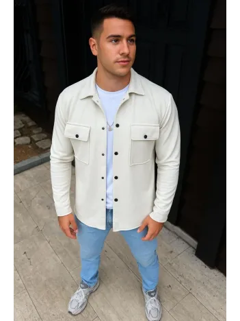 Erkek Diagonal Kumaş Cepli Çıtçıtlı uzun Kollu, Gömlek Oversize Rahat Kalıp Günlük Şık Stil - Beyaz