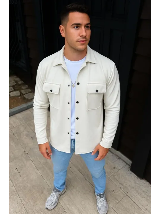 Erkek Diagonal Kumaş Cepli Çıtçıtlı uzun Kollu, Gömlek Oversize Rahat Kalıp Günlük Şık Stil - Beyaz Erkek Diagonal Kumaş Cepli Çıtçıtlı uzun Kollu, Gömlek Oversize Rahat Kalıp Günlük Şık Stil - Beyaz