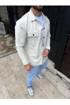 Erkek Diagonal Kumaş Cepli Çıtçıtlı Uzun Kollu, Gömlek Oversize Rahat Kalıp Günlük Şık Stil - Beyaz