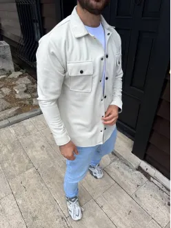 Erkek Diagonal Kumaş Cepli Çıtçıtlı Uzun Kollu, Gömlek Oversize Rahat Kalıp Günlük Şık Stil - Beyaz