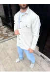 Erkek Diagonal Kumaş Cepli Çıtçıtlı Uzun Kollu, Gömlek Oversize Rahat Kalıp Günlük Şık Stil - Beyaz