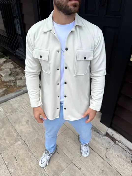 Erkek Diagonal Kumaş Cepli Çıtçıtlı uzun Kollu, Gömlek Oversize Rahat Kalıp Günlük Şık Stil - Beyaz Erkek Diagonal Kumaş Cepli Çıtçıtlı uzun Kollu, Gömlek Oversize Rahat Kalıp Günlük Şık Stil - Beyaz