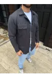 Erkek Diagonal Kumaş Cepli Çıtçıtlı Uzun Kollu, Gömlek Oversize Rahat Kalıp Günlük Şık Stil - Füme