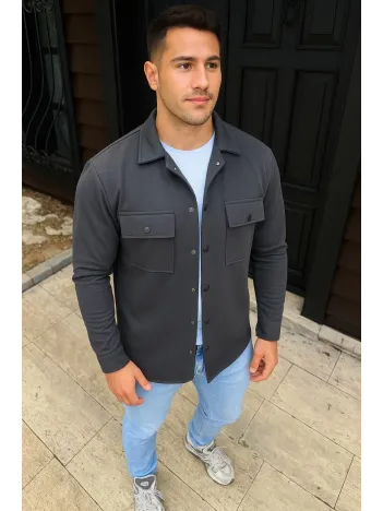 Erkek Diagonal Kumaş Cepli Çıtçıtlı uzun Kollu, Gömlek Oversize Rahat Kalıp Günlük Şık Stil - Füme