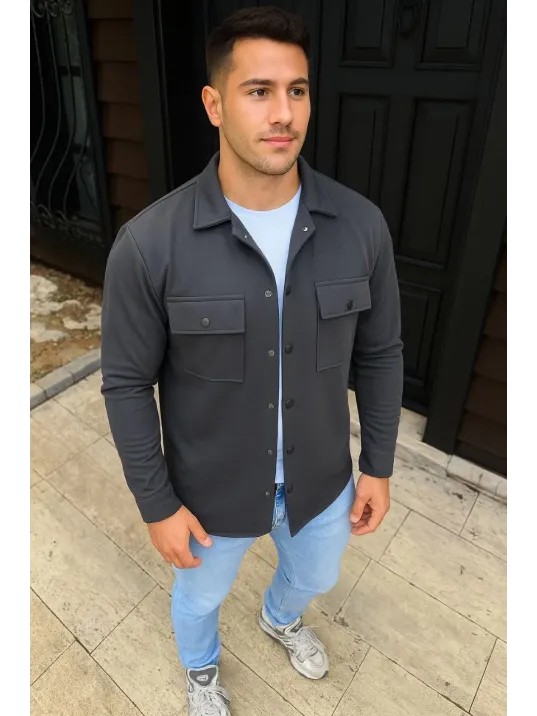 Erkek Diagonal Kumaş Cepli Çıtçıtlı uzun Kollu, Gömlek Oversize Rahat Kalıp Günlük Şık Stil - Füme Erkek Diagonal Kumaş Cepli Çıtçıtlı uzun Kollu, Gömlek Oversize Rahat Kalıp Günlük Şık Stil - Füme