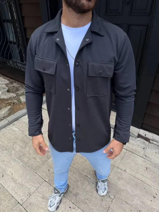 Erkek Diagonal Kumaş Cepli Çıtçıtlı uzun Kollu, Gömlek Oversize Rahat Kalıp Günlük Şık Stil - Füme Erkek Diagonal Kumaş Cepli Çıtçıtlı uzun Kollu, Gömlek Oversize Rahat Kalıp Günlük Şık Stil - Füme