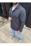 Erkek Diagonal Kumaş Cepli Çıtçıtlı Uzun Kollu, Gömlek Oversize Rahat Kalıp Günlük Şık Stil - Füme