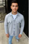 Erkek Diagonal Kumaş Cepli Çıtçıtlı Uzun Kollu, Gömlek Oversize Rahat Kalıp Günlük Şık Stil - Gri