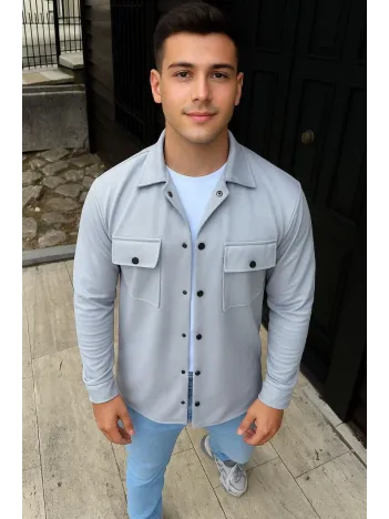 Erkek Diagonal Kumaş Cepli Çıtçıtlı uzun Kollu, Gömlek Oversize Rahat Kalıp Günlük Şık Stil - Gri