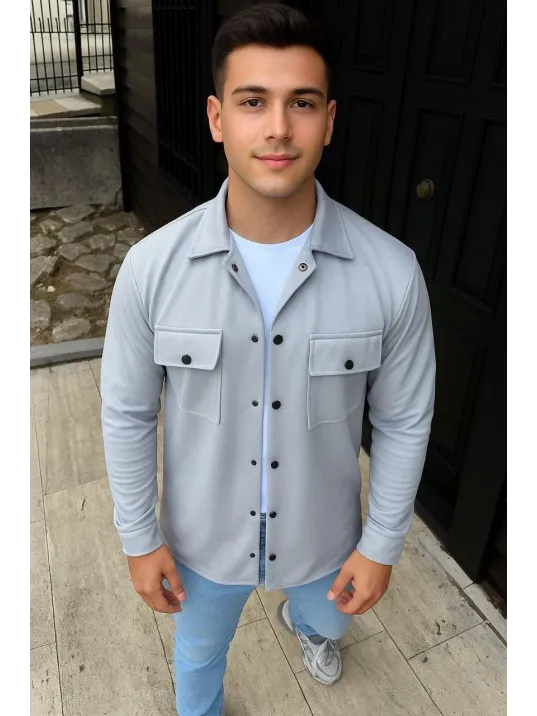 Erkek Diagonal Kumaş Cepli Çıtçıtlı uzun Kollu, Gömlek Oversize Rahat Kalıp Günlük Şık Stil - Gri Erkek Diagonal Kumaş Cepli Çıtçıtlı uzun Kollu, Gömlek Oversize Rahat Kalıp Günlük Şık Stil - Gri