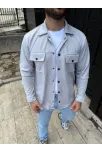 Erkek Diagonal Kumaş Cepli Çıtçıtlı Uzun Kollu, Gömlek Oversize Rahat Kalıp Günlük Şık Stil - Gri