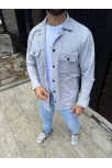 Erkek Diagonal Kumaş Cepli Çıtçıtlı Uzun Kollu, Gömlek Oversize Rahat Kalıp Günlük Şık Stil - Gri