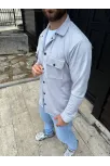 Erkek Diagonal Kumaş Cepli Çıtçıtlı Uzun Kollu, Gömlek Oversize Rahat Kalıp Günlük Şık Stil - Gri