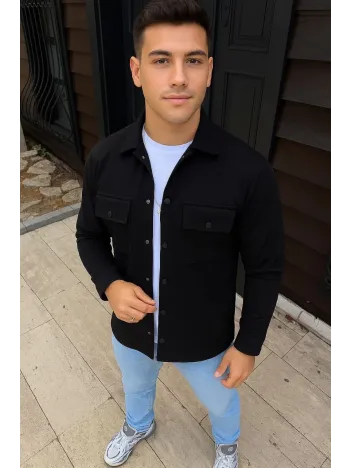 Erkek Diagonal Kumaş Cepli Çıtçıtlı uzun Kollu, Gömlek Oversize Rahat Kalıp Günlük Şık Stil - Siyah
