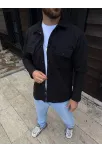 Erkek Diagonal Kumaş Cepli Çıtçıtlı Uzun Kollu, Gömlek Oversize Rahat Kalıp Günlük Şık Stil - Siyah