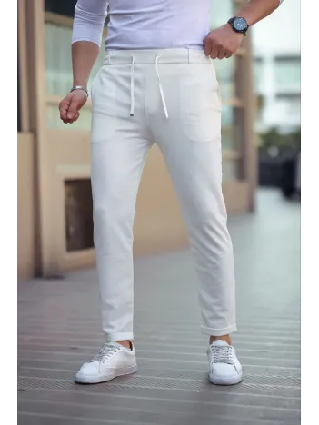 Erkek Diagonel Mikro dokulu Cepli Beli Lastilki Pantolon - Beyaz Erkek Diagonel Mikro dokulu Cepli Beli Lastilki Pantolon - Beyaz
