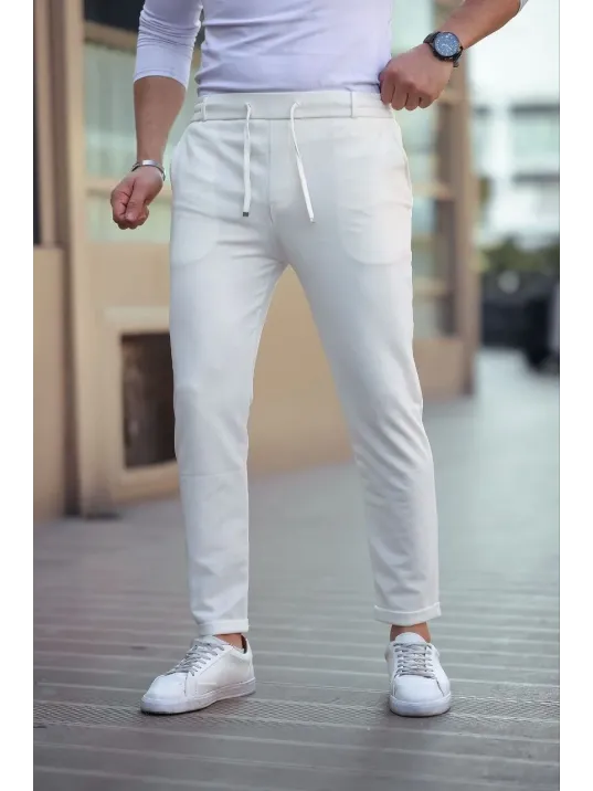 Erkek Diagonel Mikro dokulu Cepli Beli Lastilki Pantolon - Beyaz