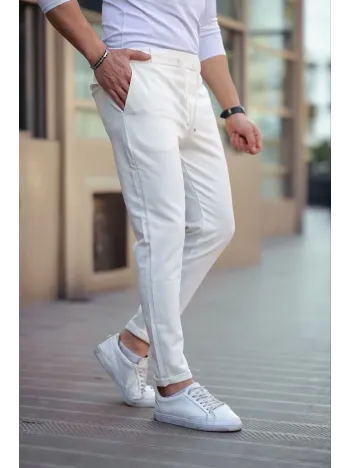 Erkek Diagonel Mikro dokulu Cepli Beli Lastilki Pantolon - Beyaz