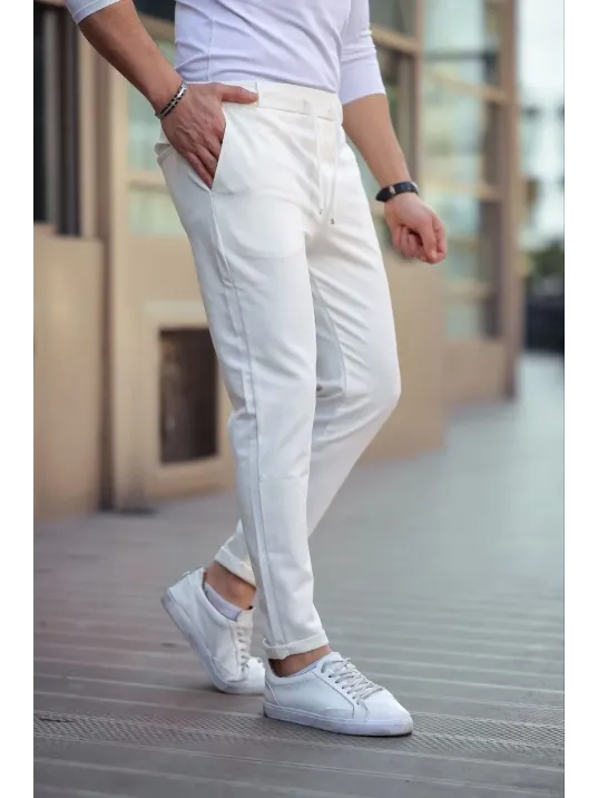 Erkek Diagonel Mikro dokulu Cepli Beli Lastilki Pantolon - Beyaz