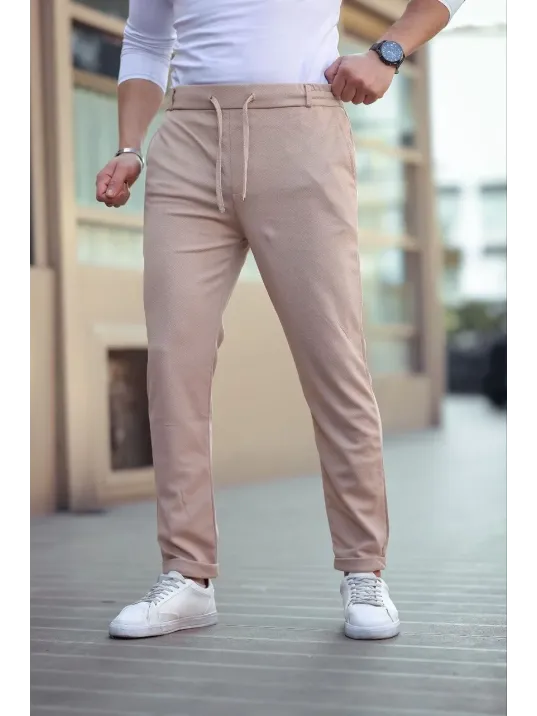 Erkek Diagonel Mikro dokulu Cepli Beli Lastilki Pantolon - Kahverengi