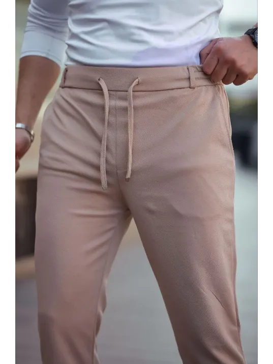 Erkek Diagonel Mikro dokulu Cepli Beli Lastilki Pantolon - Kahverengi