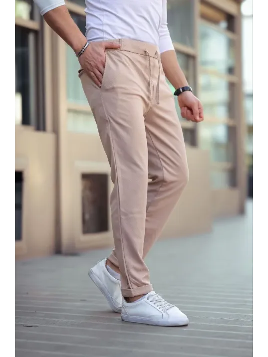 Erkek Diagonel Mikro dokulu Cepli Beli Lastilki Pantolon - Kahverengi