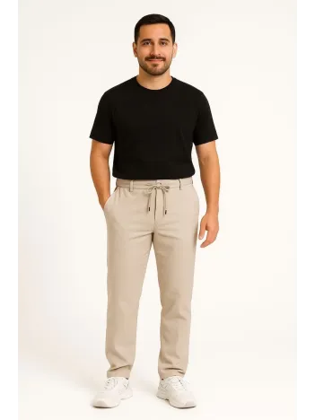 Erkek Diagonel Mikro dokulu Cepli Pantolon - Bej