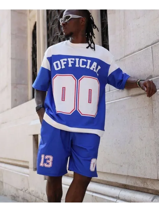 Erkek Şortlu Takım – Oversize İki İplik Kumaş, Ön & Arka Dijital Baskılı Tişört ve Lastikli Cepli Şort, Yazlık Günlük Spor Set - Mavi