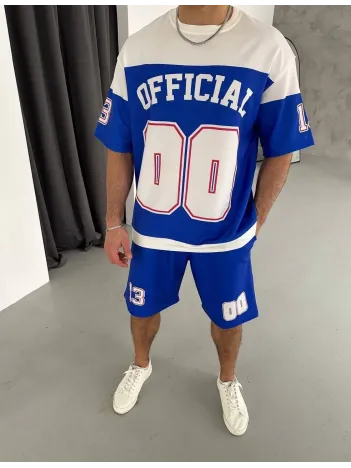 Erkek Şortlu Takım – Oversize İki İplik Kumaş, Ön & Arka Dijital Baskılı Tişört ve Lastikli Cepli Şort, Yazlık Günlük Spor Set - Mavi