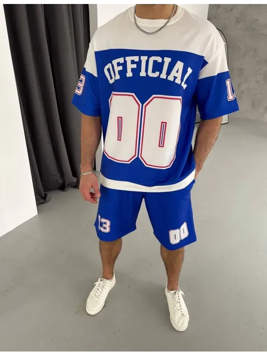 Erkek Şortlu Takım – Oversize İki İplik Kumaş, Ön & Arka Dijital Baskılı Tişört ve Lastikli Cepli Şort, Yazlık Günlük Spor Set - Mavi